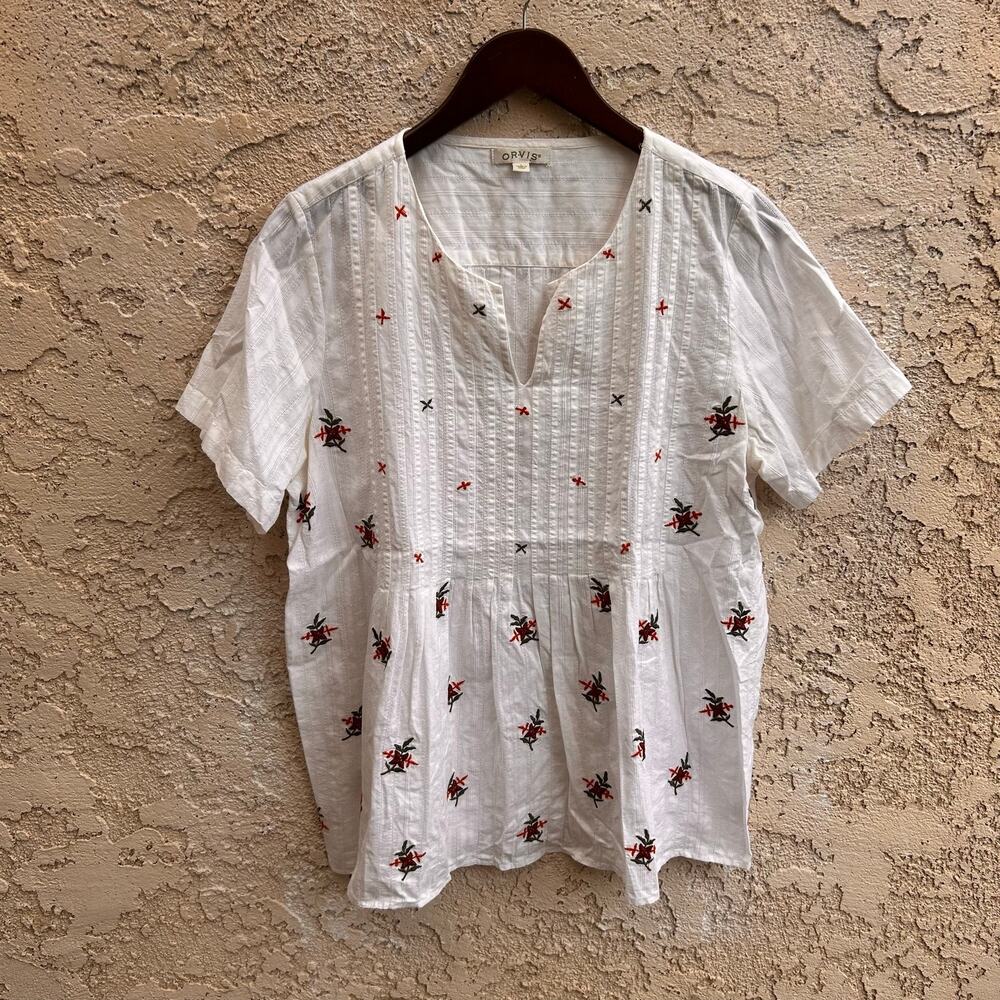 Orvis White Embroidered Cotton Pintuck Blouse Women’s Large